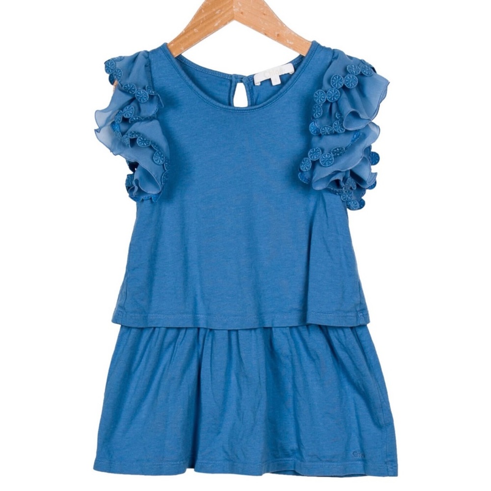 CHLOE Blue Cotton Embroidered Short Sleeve Dress